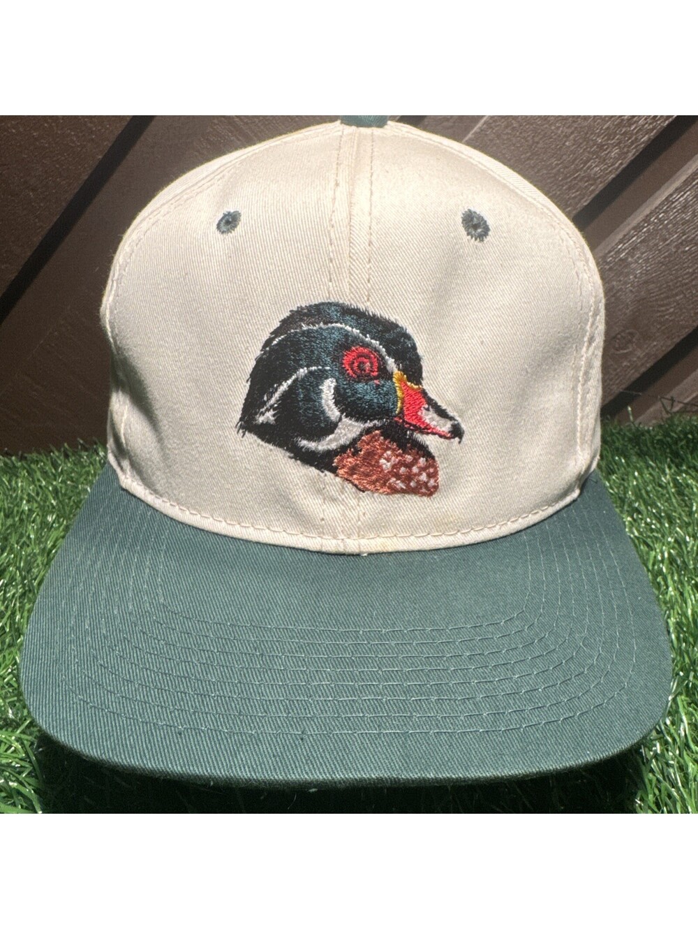 Vtg 90s Ducks Unlimited Wood Duck Snapback Hat Cap Cream Forest Green Hunting